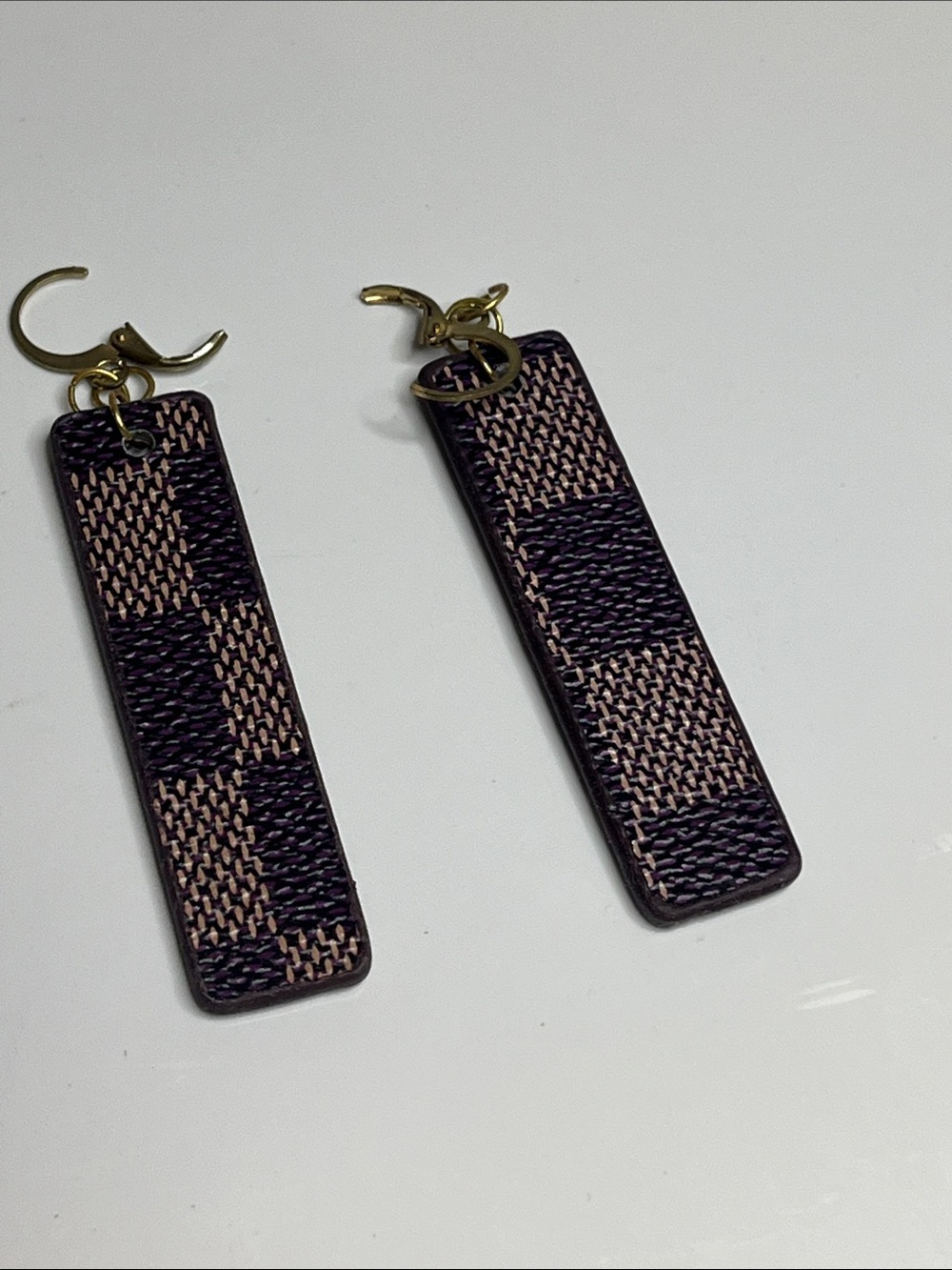 Checker-Pattern Rectangular Drop Earrings in Brown & Tan - Picture 4 of 4